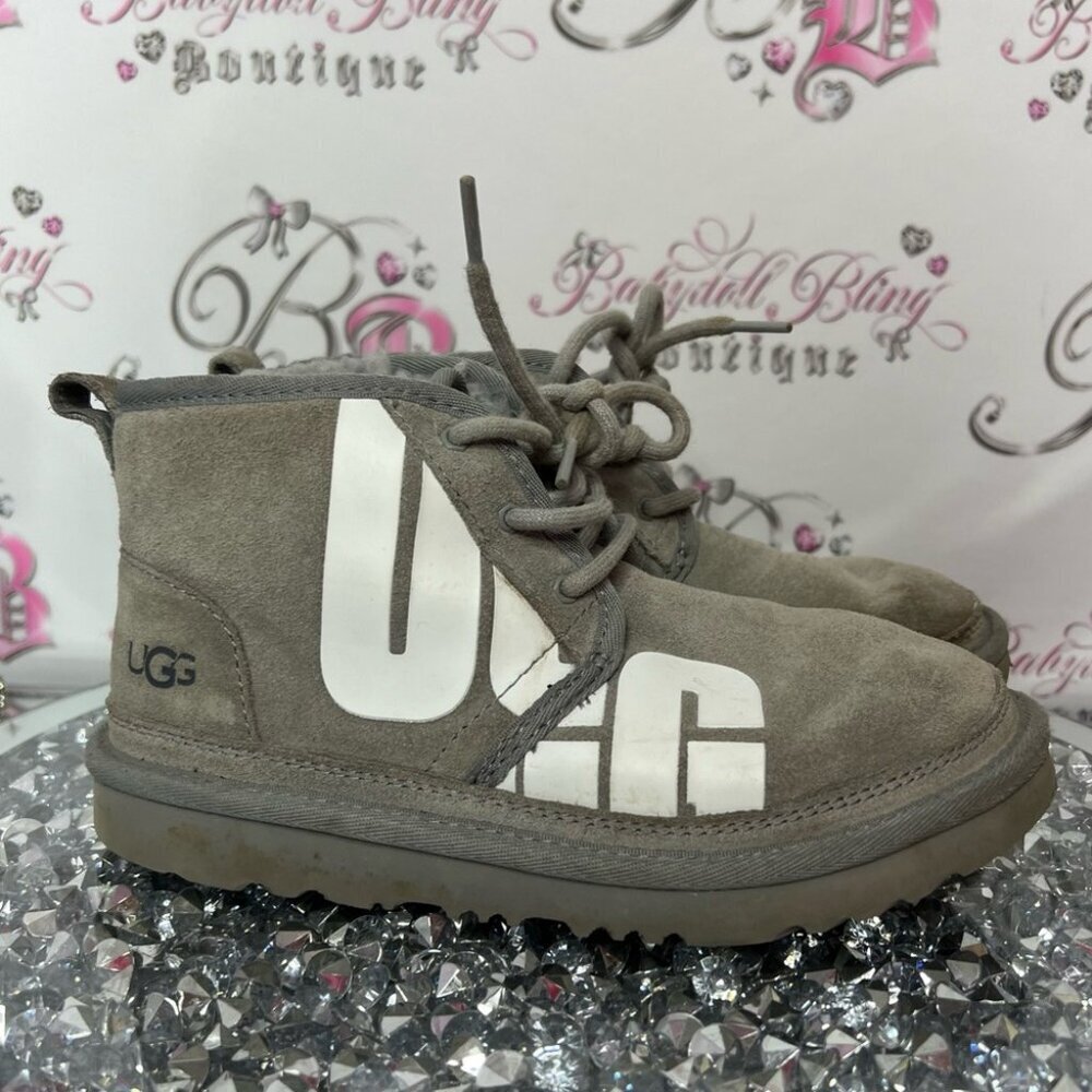 Ugg boots grey mini booties short style lace up laces ribbon 🎀 size 3 EUC gray